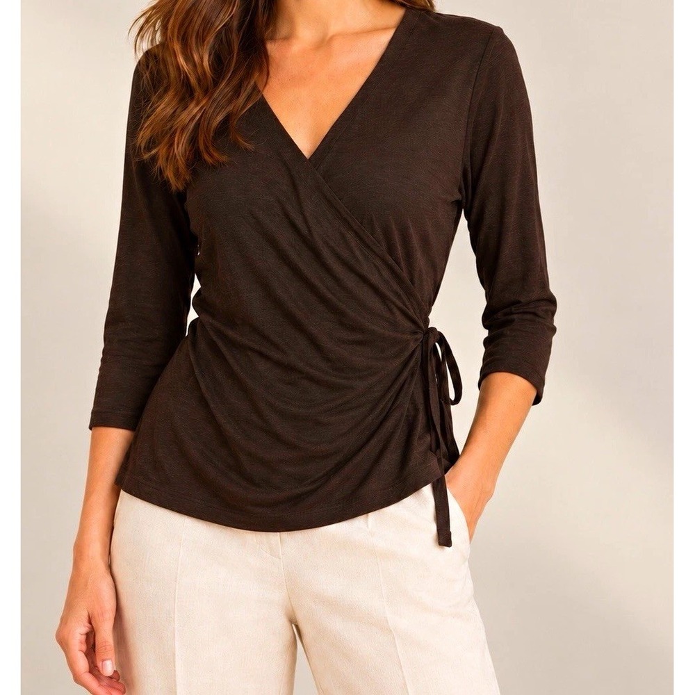 Eileen Fisher Dark Brown Wrap Top S V Neck 3/4 Sleeve Tie Waist